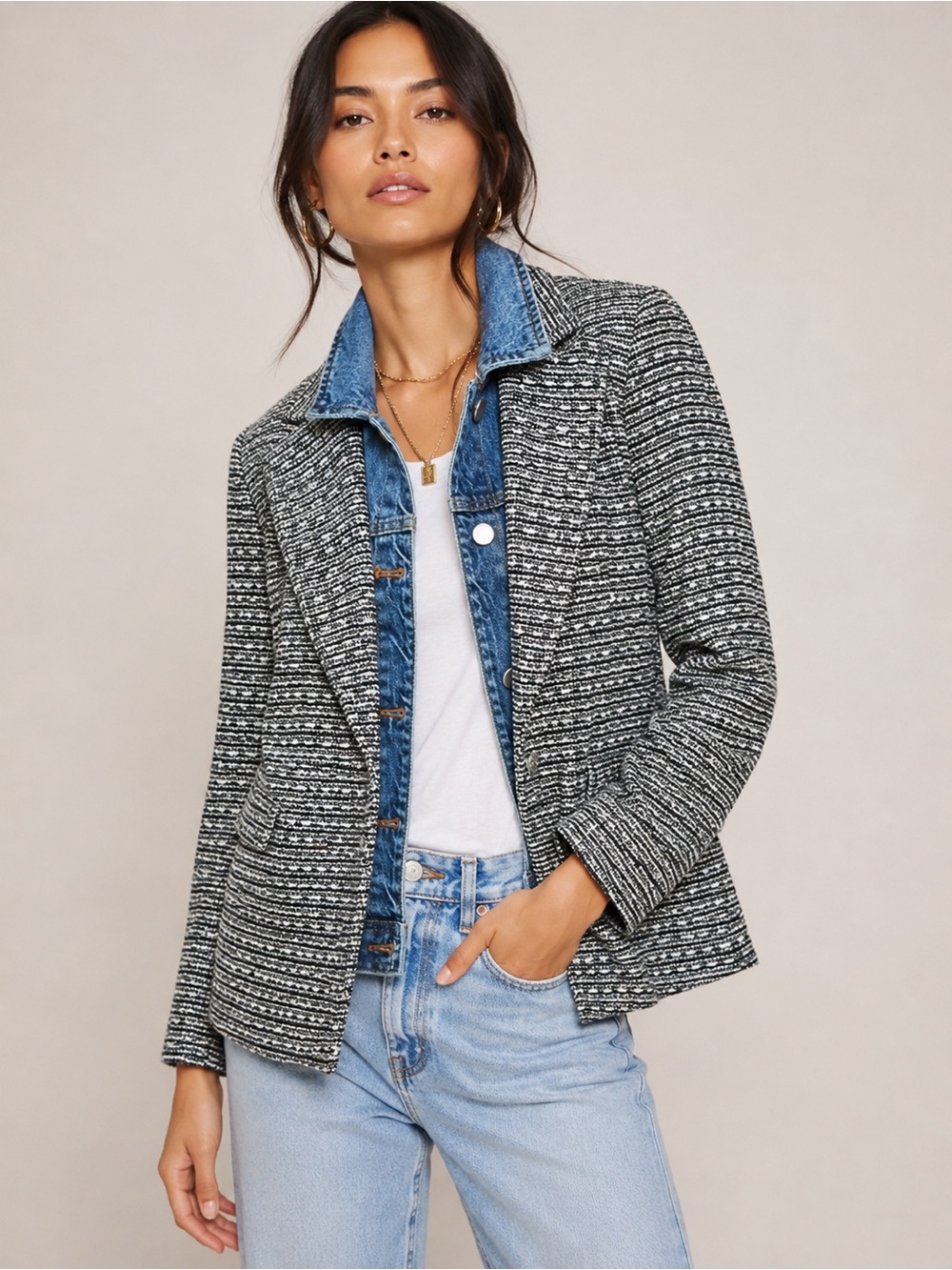Blue Revival Women Blazer M Black White Tweed Denim Trim Two-Layer Jacket